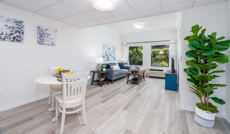 Bright, modern living and dining area with light wood floors, a cozy round dining table, sofa, side tables, wall art, a large green plant, and spacious windows. Schedule a Tour to experience the abundant natural light and inviting atmosphere.