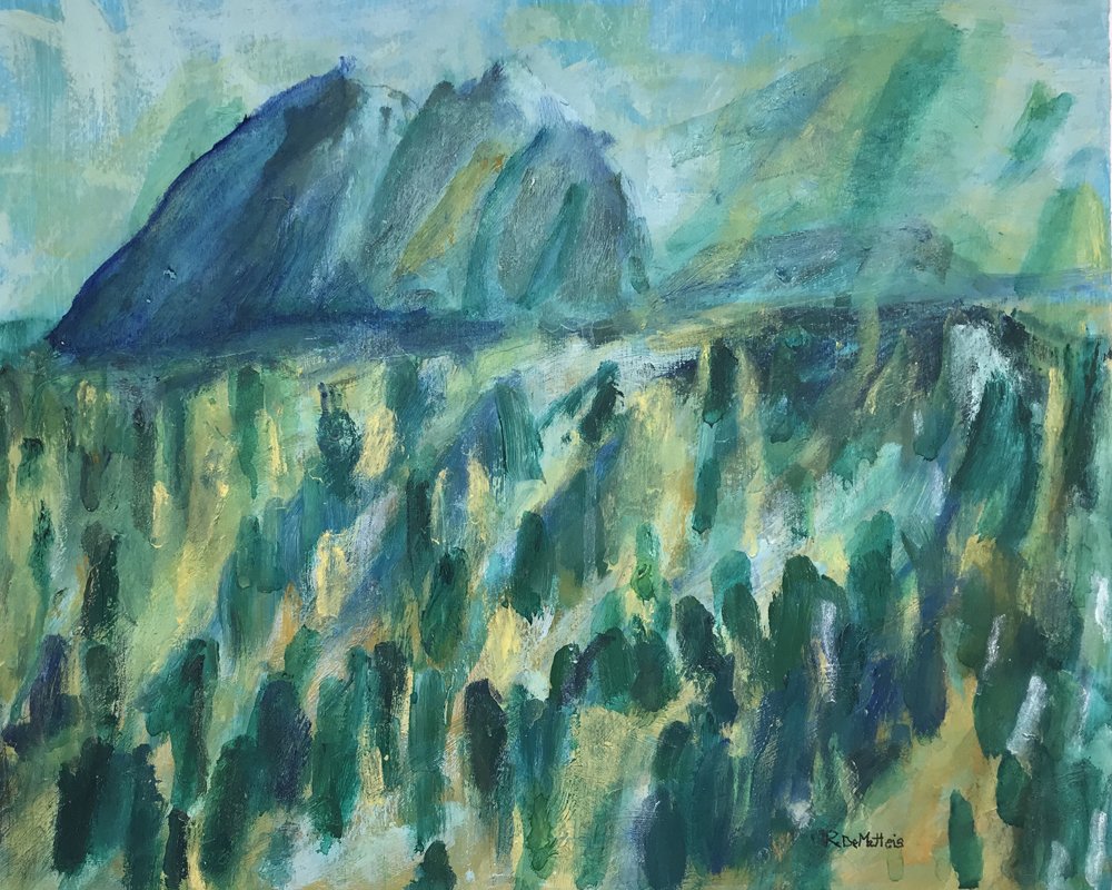 Abstract painting of a mountain range with blue and green hues, suggesting lush forests in the foreground and mountains in the background under a cloudy sky. Bold brushstrokes create a sense of depth and texture.