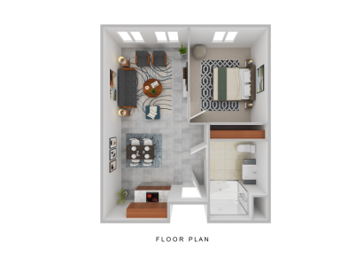 A 3D floor plan of a one-bedroom apartment designed for Independent Living, featuring a living room, dining area, kitchen, bathroom, and bedroom—all with modern furnishings and stylish decor.