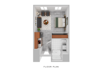 A 3D floor plan of a small apartment designed for independent living, featuring a bedroom area with a double bed, a living space with two chairs and a coffee table, a kitchen, and a bathroom with shower. Light gray floors and large windows are visible.
